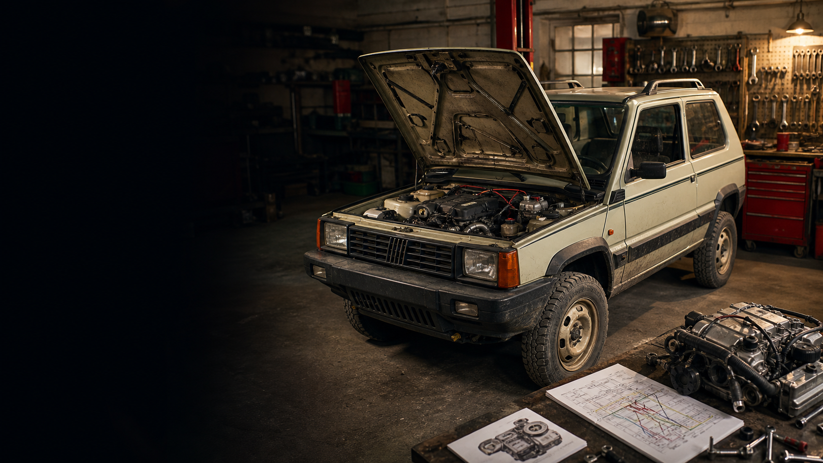 A compact classic 4x4 in a workshop with its hood open for modification planning.
